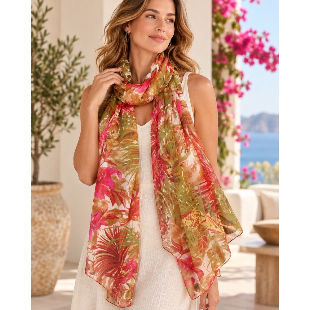 Women's Tropical Floral Scarf Pink Green Tan Lightweight Sheer 24 x 70